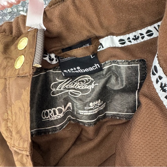 Westbeach snow pants brown paisley shimmer pattern gold hardware ski snowboard - Picture 17 of 17